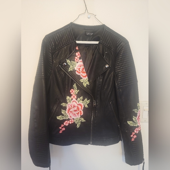 Topshop Faux Leather Embroidery Floral Jacket | Color: Black | Size: 8| - Picture 4 of 6